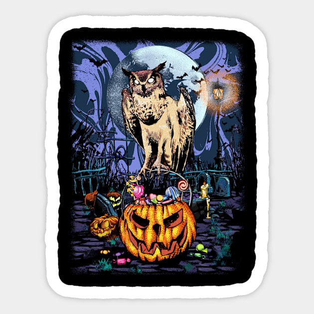 mysterious owl handing out halloween candy with spooky pumpkin bucket Sticker by gambar_corek